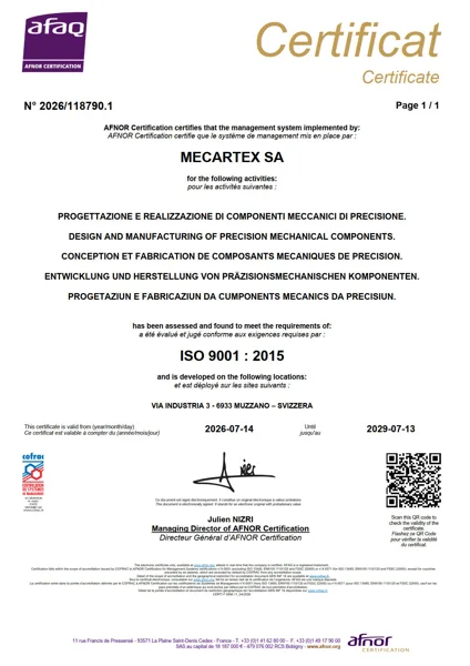 ISO 9001:2015 certificate of Mecartex SA, 2026 to 2029